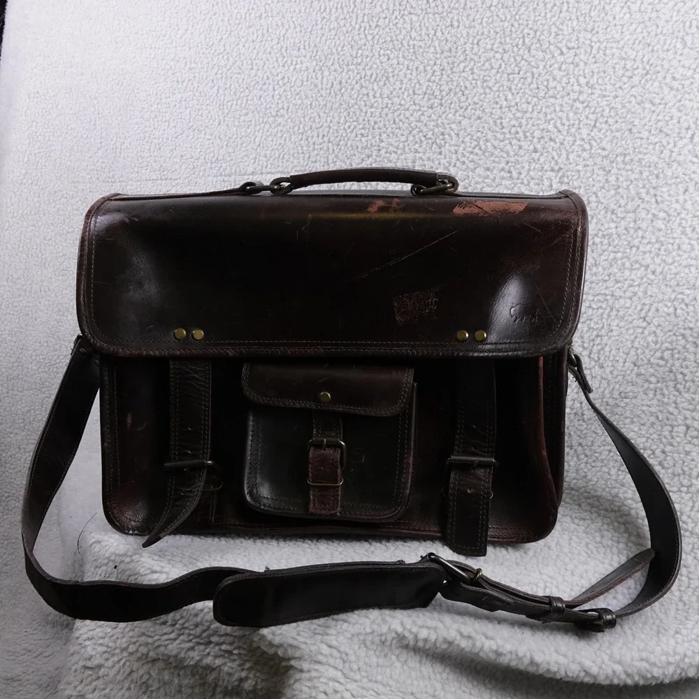 Buffalo Jackson Dark Brown‎ Leather Messenger Bag Briefcase Satchel Vintage Look